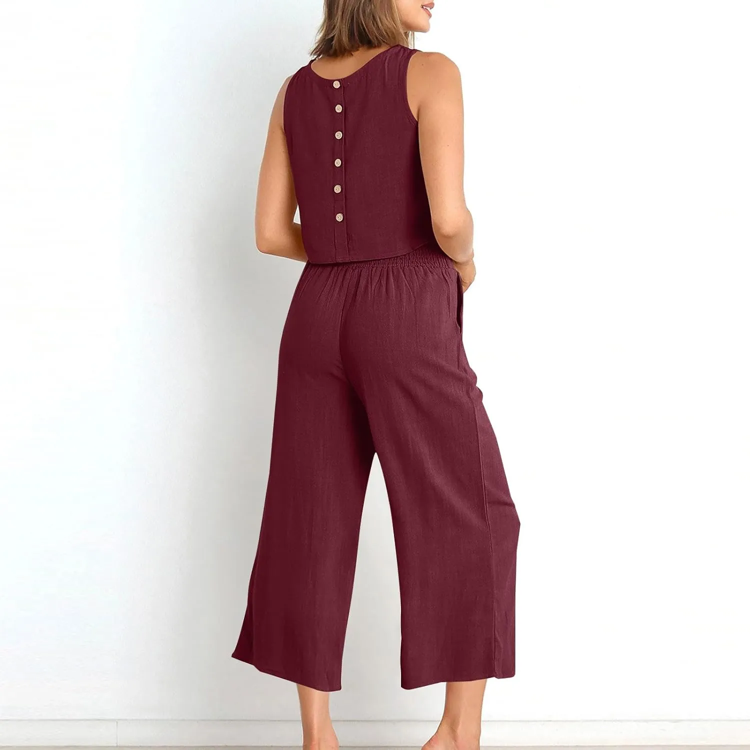 HGps8w Linen 2 Piece Sets for Women Summer 2025 Loose Crop Tank Top Loungewear Matching Wide Leg Pants Travel Outfits