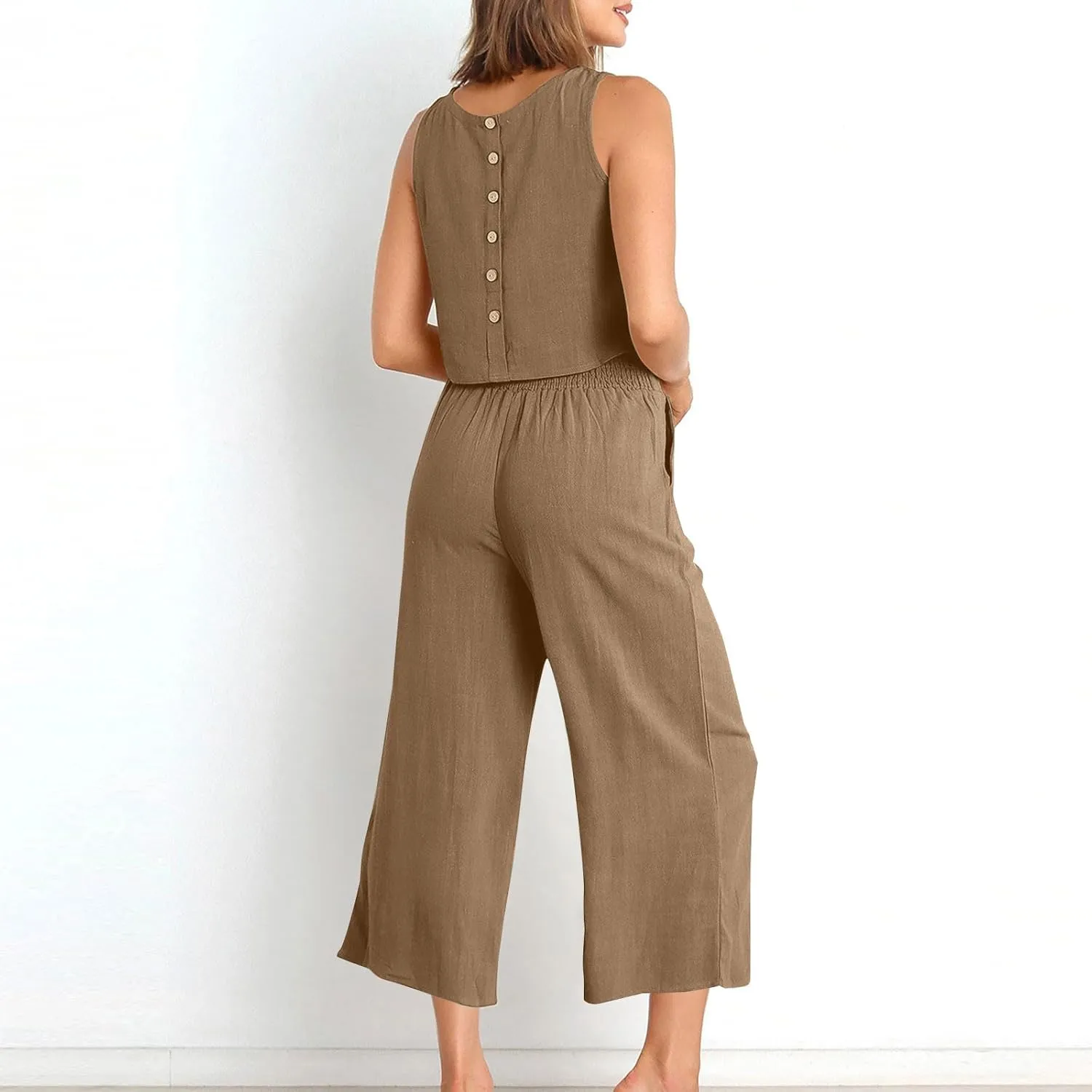 HGps8w Linen 2 Piece Sets for Women Summer 2025 Loose Crop Tank Top Loungewear Matching Wide Leg Pants Travel Outfits
