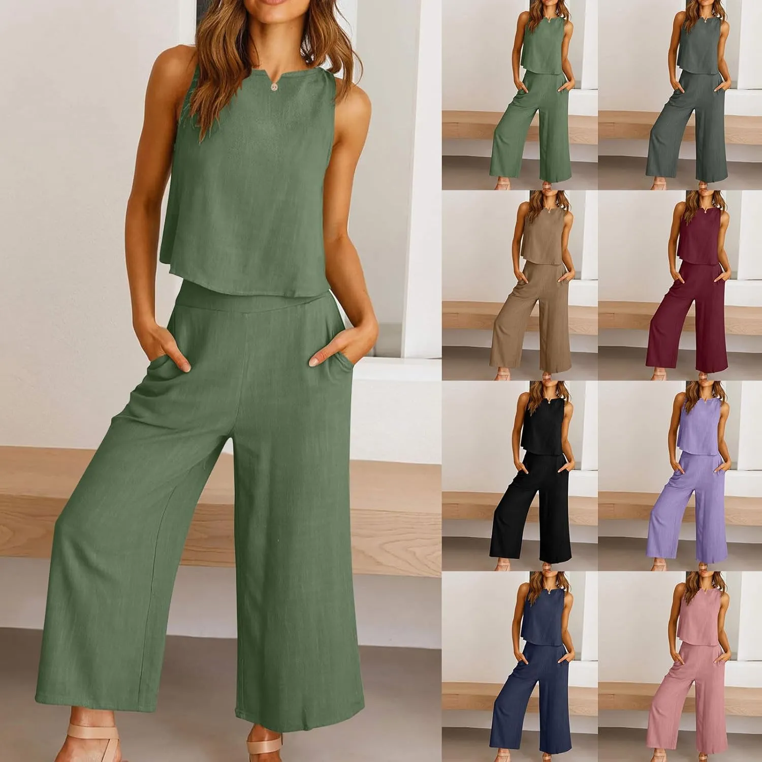 HGps8w Linen 2 Piece Sets for Women Summer 2025 Loose Crop Tank Top Loungewear Matching Wide Leg Pants Travel Outfits