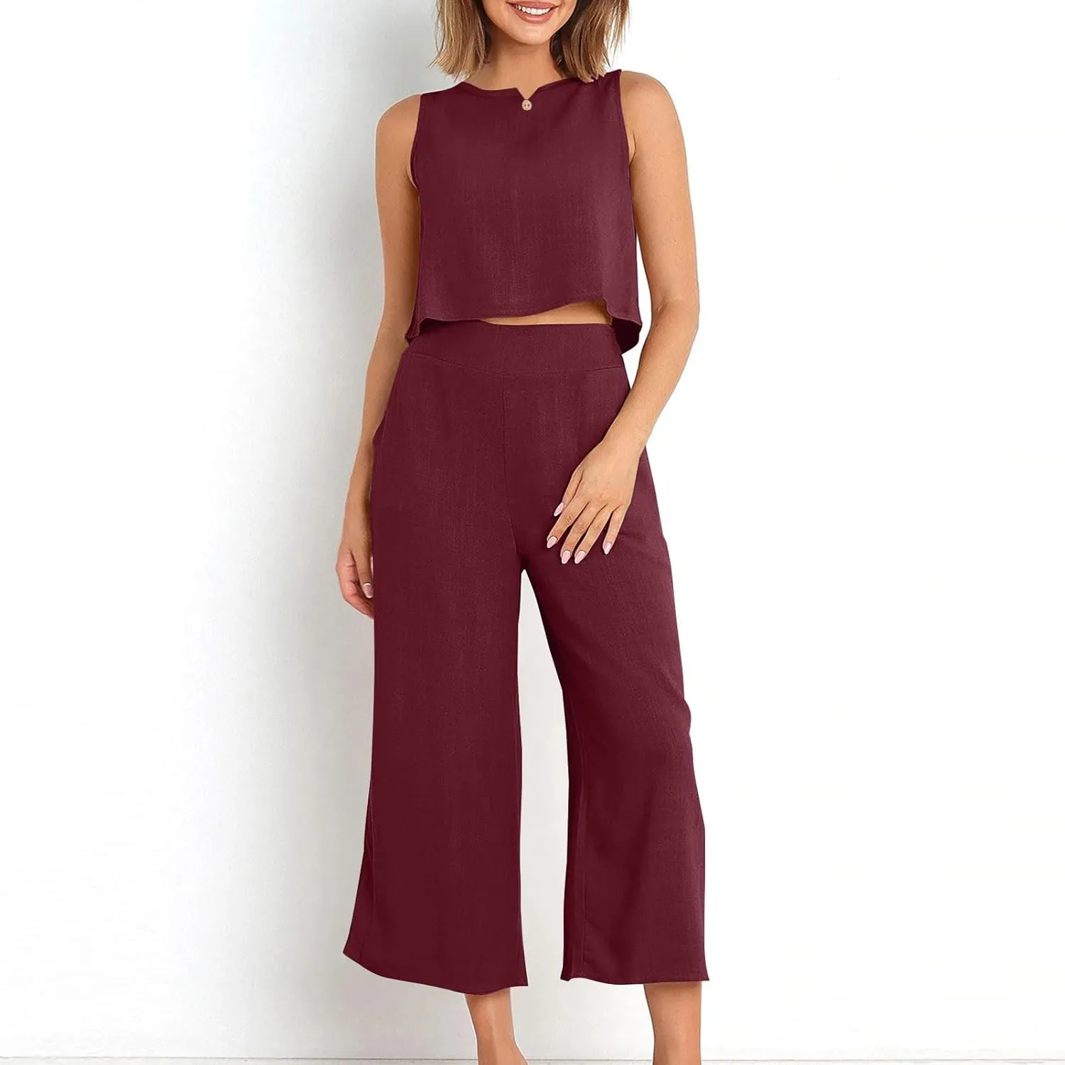 HGps8w Linen 2 Piece Sets for Women Summer 2025 Loose Crop Tank Top Loungewear Matching Wide Leg Pants Travel Outfits