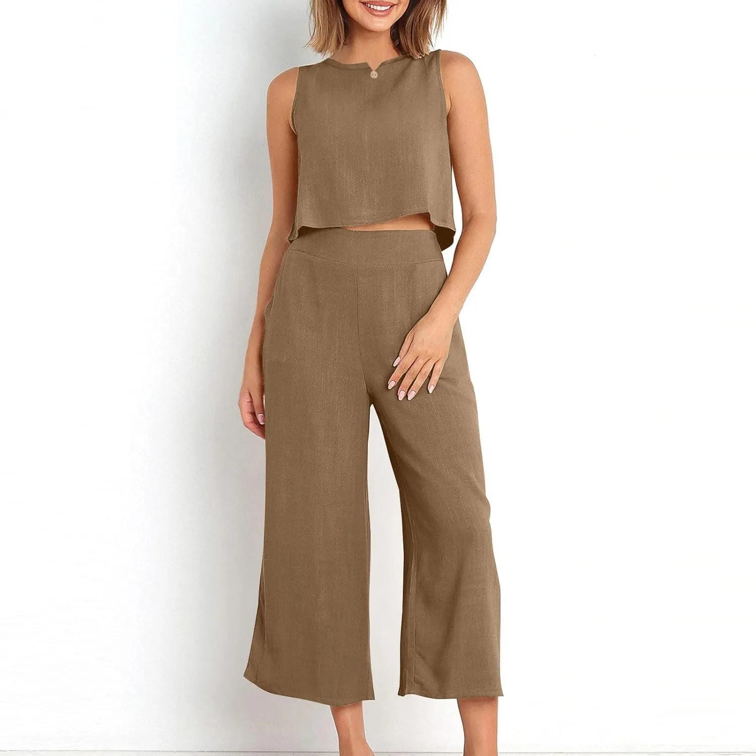 HGps8w Linen 2 Piece Sets for Women Summer 2025 Loose Crop Tank Top Loungewear Matching Wide Leg Pants Travel Outfits