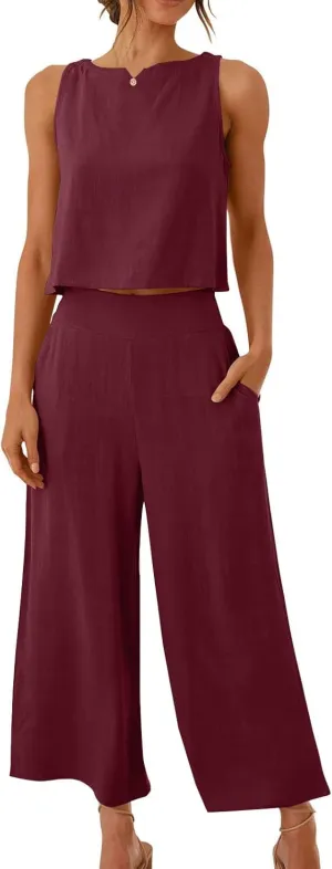 HGps8w Linen 2 Piece Sets for Women Summer 2025 Loose Crop Tank Top Loungewear Matching Wide Leg Pants Travel Outfits