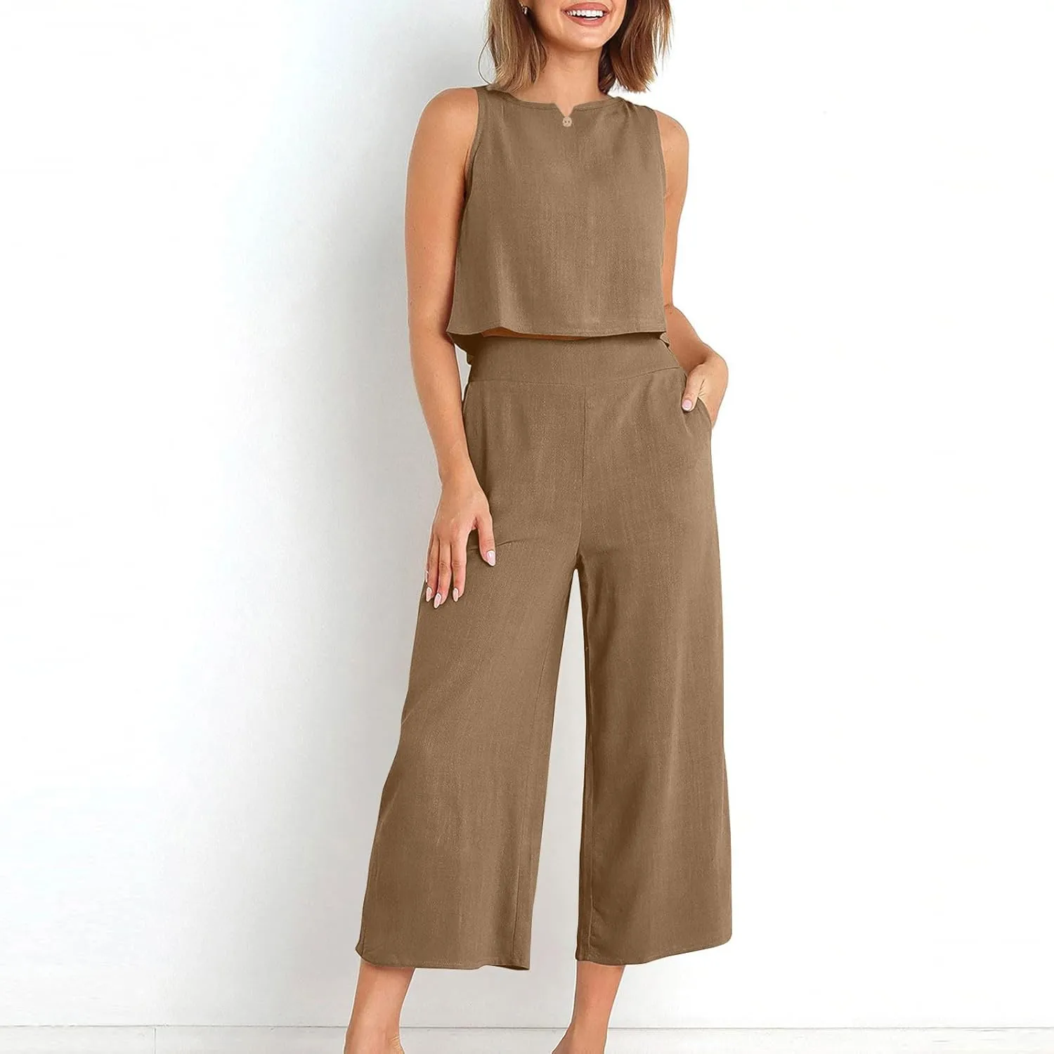 HGps8w Linen 2 Piece Sets for Women Summer 2025 Loose Crop Tank Top Loungewear Matching Wide Leg Pants Travel Outfits