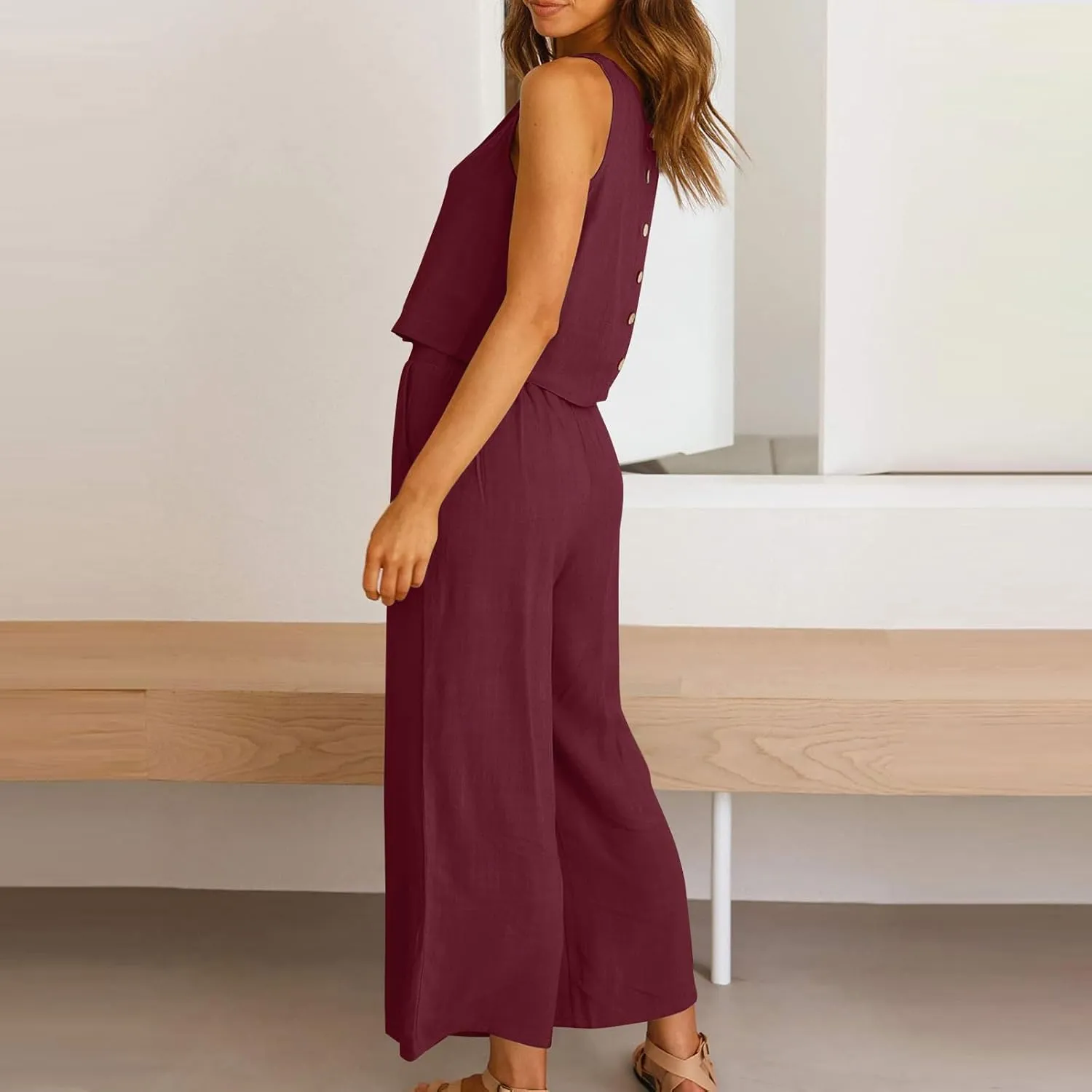 HGps8w Linen 2 Piece Sets for Women Summer 2025 Loose Crop Tank Top Loungewear Matching Wide Leg Pants Travel Outfits