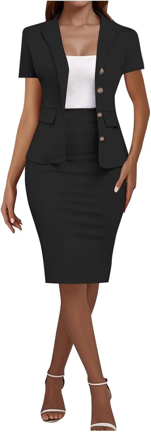 HGps8w Plus Size 2 Piece Sets for Women Summer Dressy Short Sleeve Blazer Knee Lenght Pencil Skirt Elegant Business Outfits