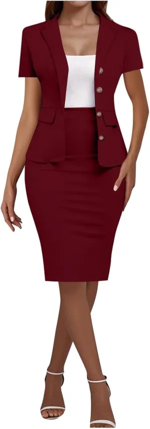 HGps8w Plus Size 2 Piece Sets for Women Summer Dressy Short Sleeve Blazer Knee Lenght Pencil Skirt Elegant Business Outfits