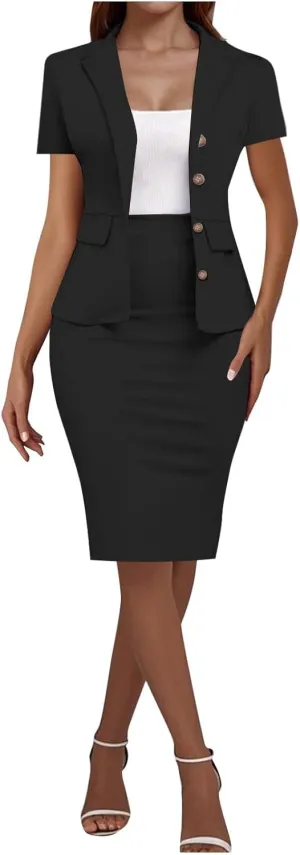 HGps8w Plus Size 2 Piece Sets for Women Summer Dressy Short Sleeve Blazer Knee Lenght Pencil Skirt Elegant Business Outfits