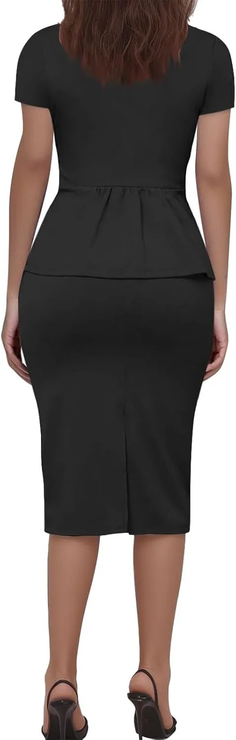 HGps8w Plus Size 2 Piece Sets for Women Summer Dressy Short Sleeve Blazer Knee Lenght Pencil Skirt Elegant Business Outfits