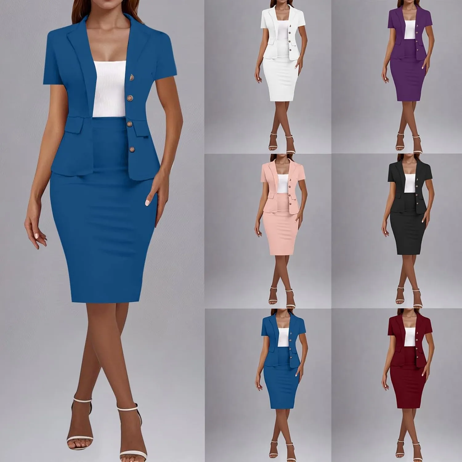 HGps8w Plus Size 2 Piece Sets for Women Summer Dressy Short Sleeve Blazer Knee Lenght Pencil Skirt Elegant Business Outfits