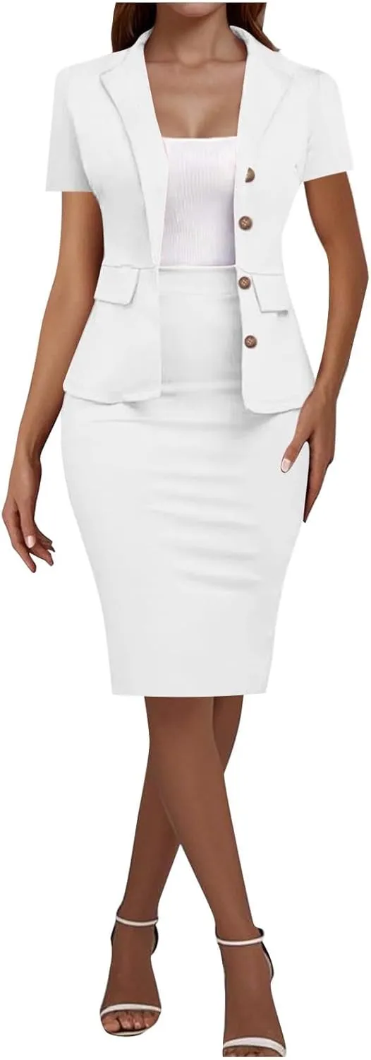 HGps8w Plus Size 2 Piece Sets for Women Summer Dressy Short Sleeve Blazer Knee Lenght Pencil Skirt Elegant Business Outfits