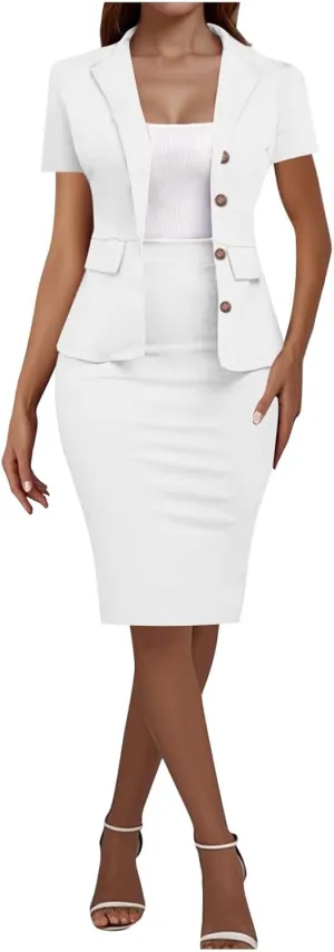 HGps8w Plus Size 2 Piece Sets for Women Summer Dressy Short Sleeve Blazer Knee Lenght Pencil Skirt Elegant Business Outfits
