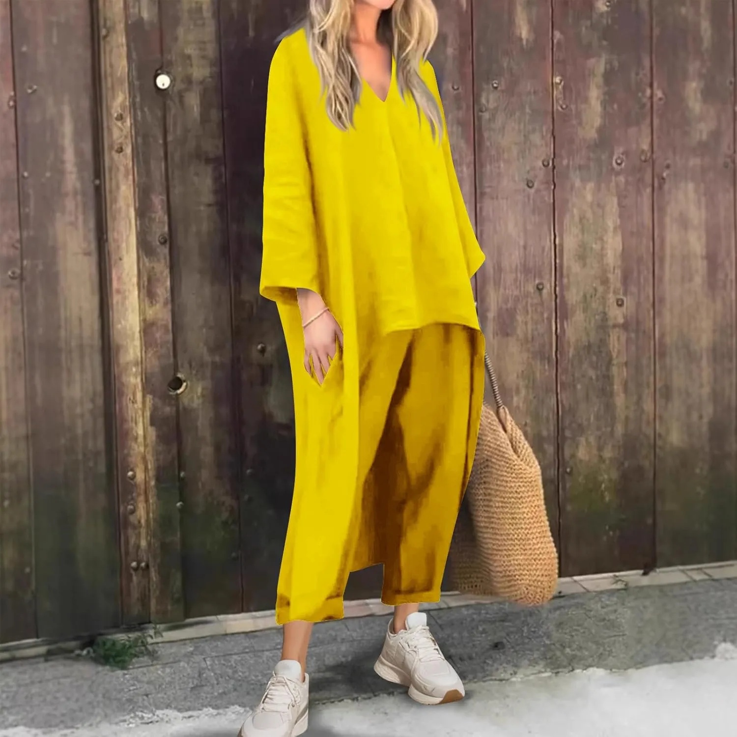 HGps8w Plus Size Linen 2 Piece Sets for Women Summer Loose High Low Tunic Top Lounge Long Pants Business Vacation Outfits