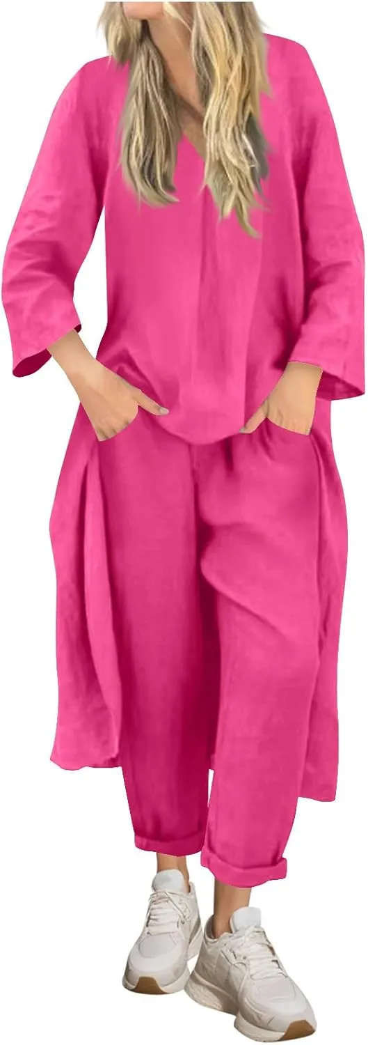 HGps8w Plus Size Linen 2 Piece Sets for Women Summer Loose High Low Tunic Top Lounge Long Pants Business Vacation Outfits