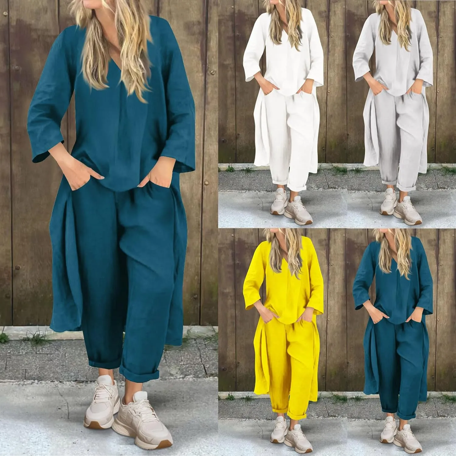 HGps8w Plus Size Linen 2 Piece Sets for Women Summer Loose High Low Tunic Top Lounge Long Pants Business Vacation Outfits