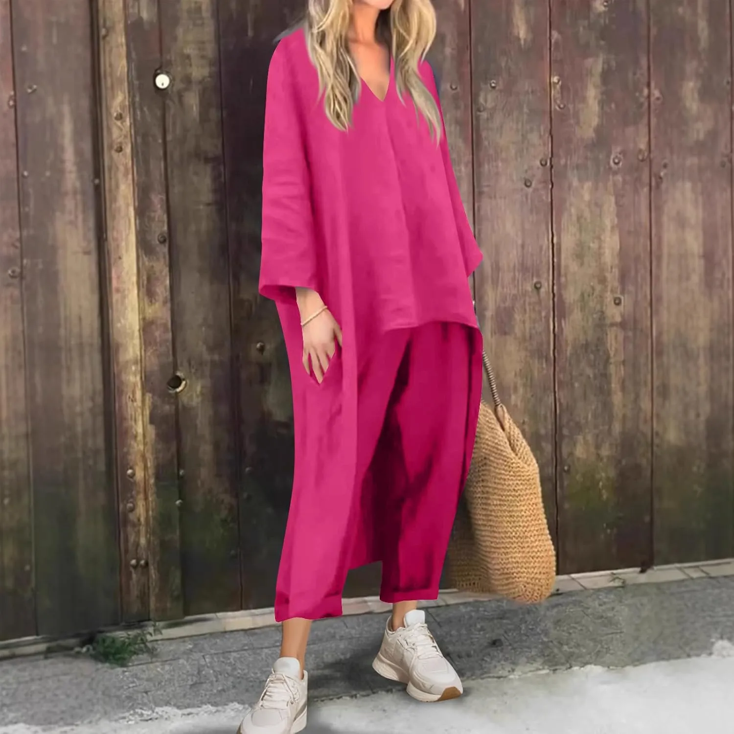 HGps8w Plus Size Linen 2 Piece Sets for Women Summer Loose High Low Tunic Top Lounge Long Pants Business Vacation Outfits