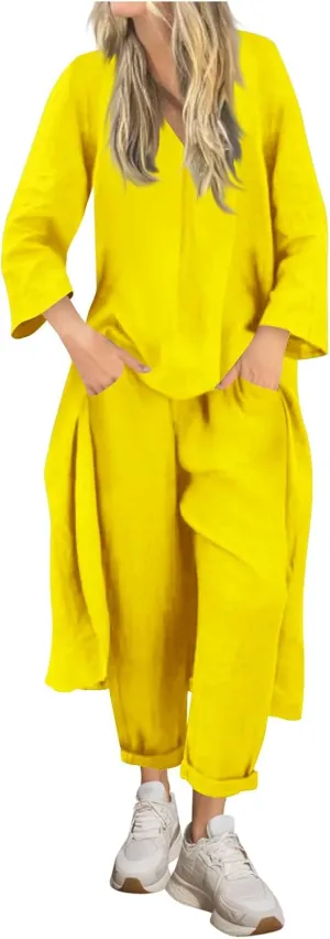 HGps8w Plus Size Linen 2 Piece Sets for Women Summer Loose High Low Tunic Top Lounge Long Pants Business Vacation Outfits