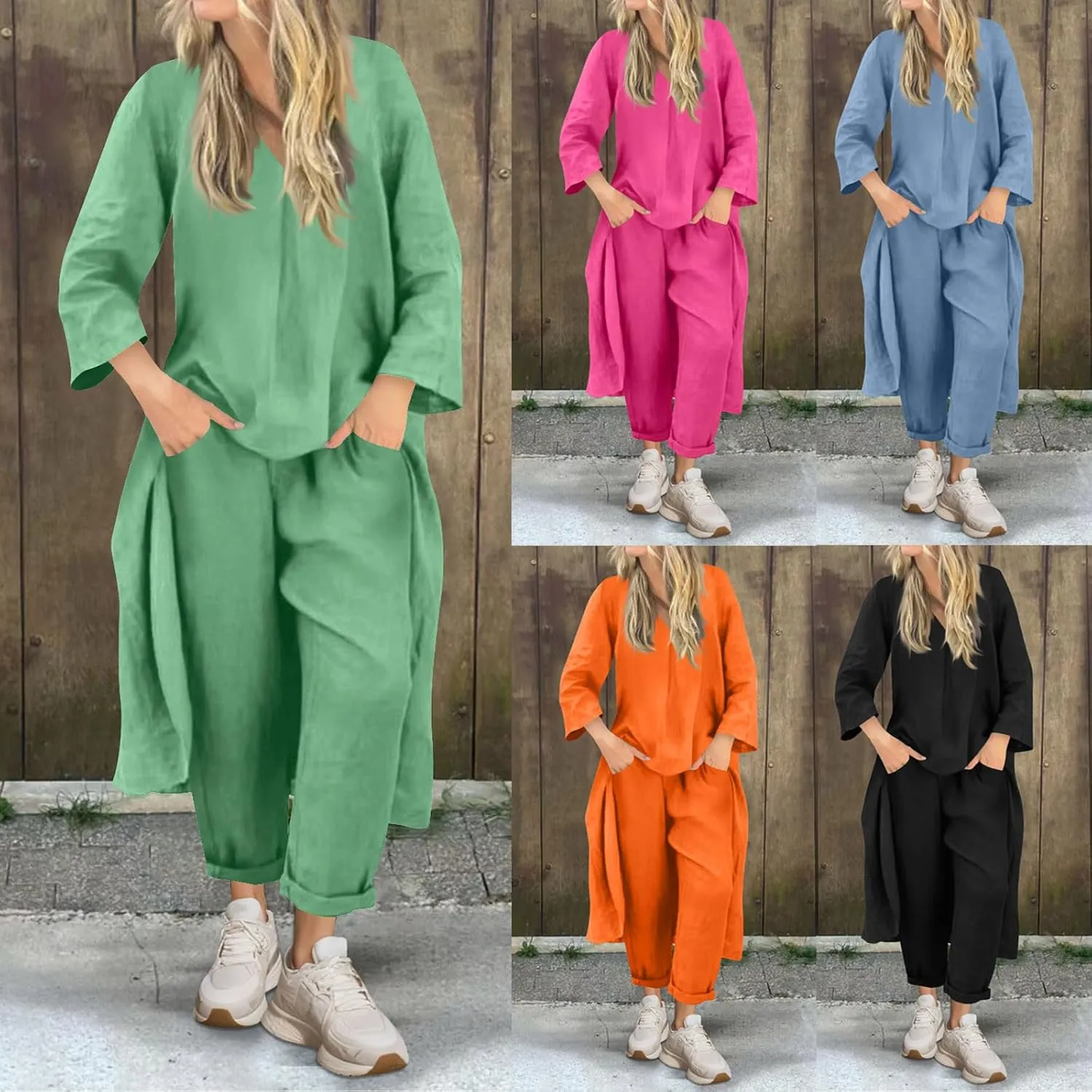 HGps8w Plus Size Linen 2 Piece Sets for Women Summer Loose High Low Tunic Top Lounge Long Pants Business Vacation Outfits