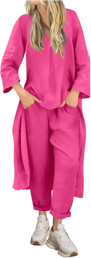 HGps8w Plus Size Linen 2 Piece Sets for Women Summer Loose High Low Tunic Top Lounge Long Pants Business Vacation Outfits