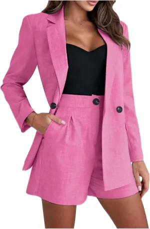 HGps8w Summer 2 Piece Outfits for Women Dressy Linen Open Front Long Sleeve Blazers Matching Shorts Business Suit Sets