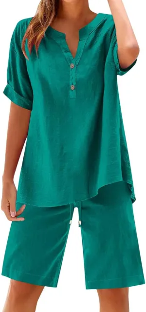 HGps8w Women's 2 Piece Linen Sets Loose Button V Neck Short Sleeve Tunic Top Matching Shorts Summer Lounge Travel Outfits