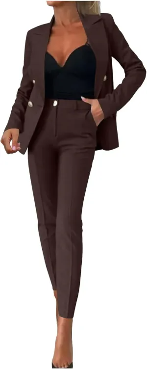 HGps8w Women's 2 Piece Outfits Dressy Classic Long Sleeve Blazers with Pencil Pants Formal Office Pant Suits