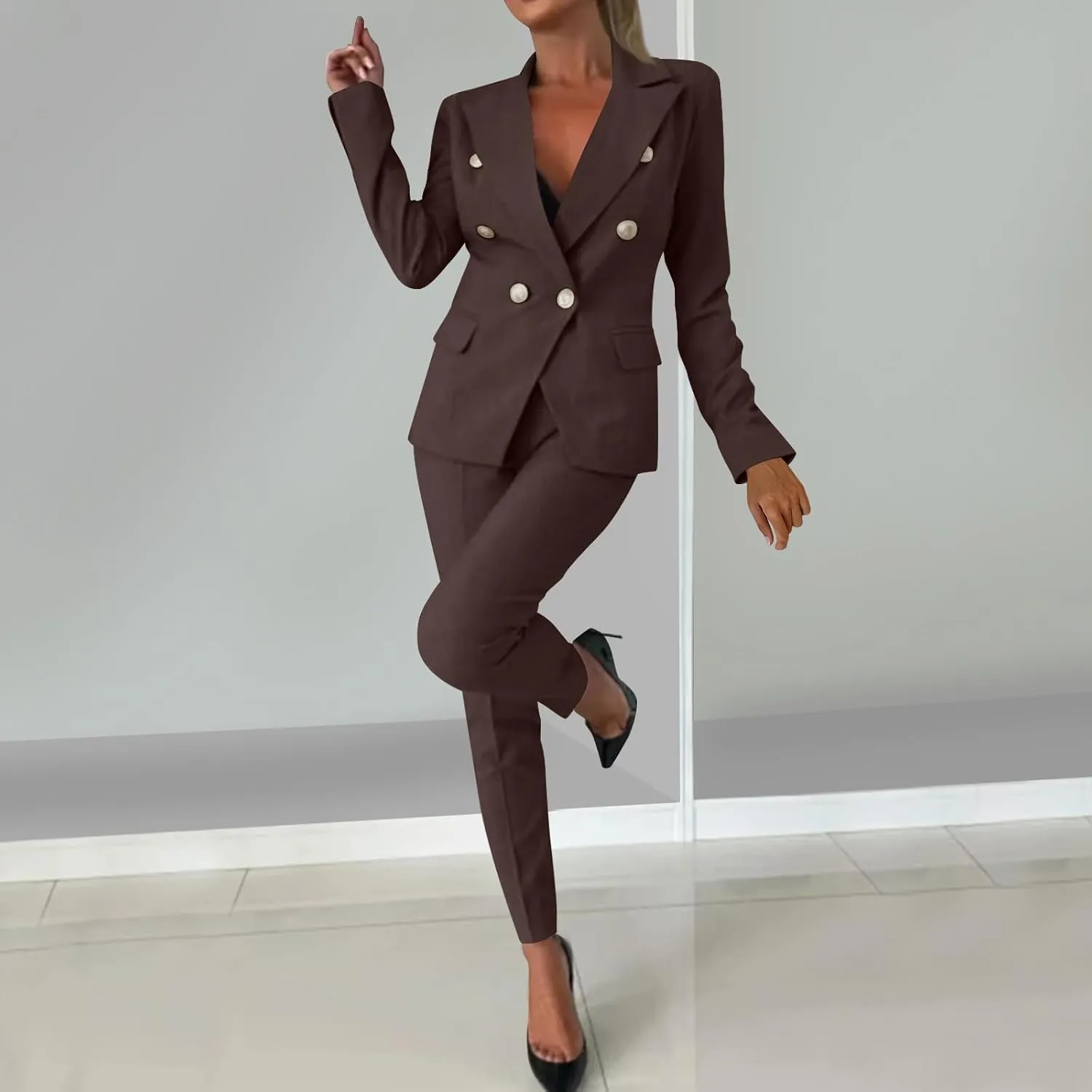 HGps8w Women's 2 Piece Outfits Dressy Classic Long Sleeve Blazers with Pencil Pants Formal Office Pant Suits