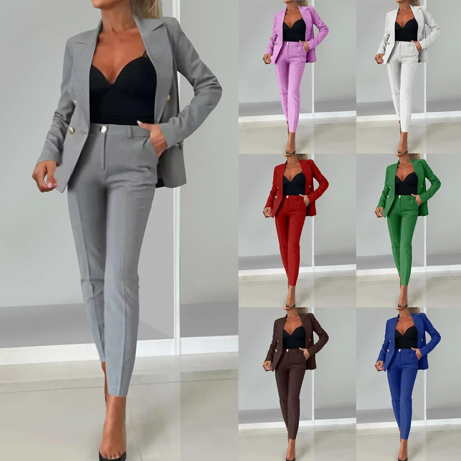 HGps8w Women's 2 Piece Outfits Dressy Classic Long Sleeve Blazers with Pencil Pants Formal Office Pant Suits