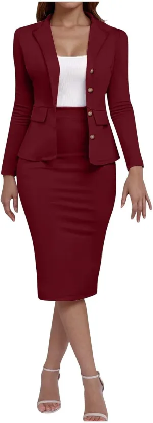 HGps8w Women's 2 Piece Outfits Dressy Long Sleeve Blazers with High Waisted Pencil Skirt Matching Summer Office Work Suits