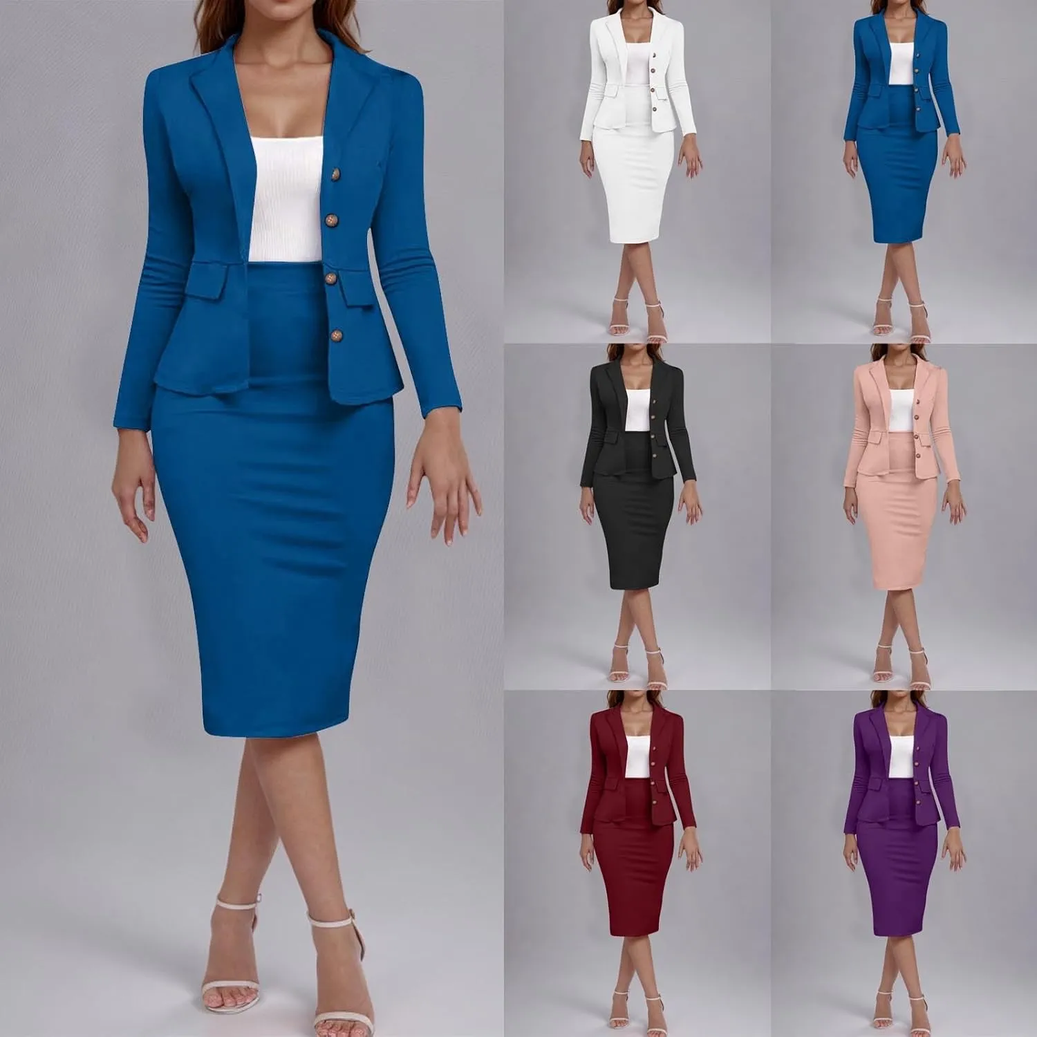 HGps8w Women's 2 Piece Outfits Dressy Long Sleeve Blazers with High Waisted Pencil Skirt Matching Summer Office Work Suits