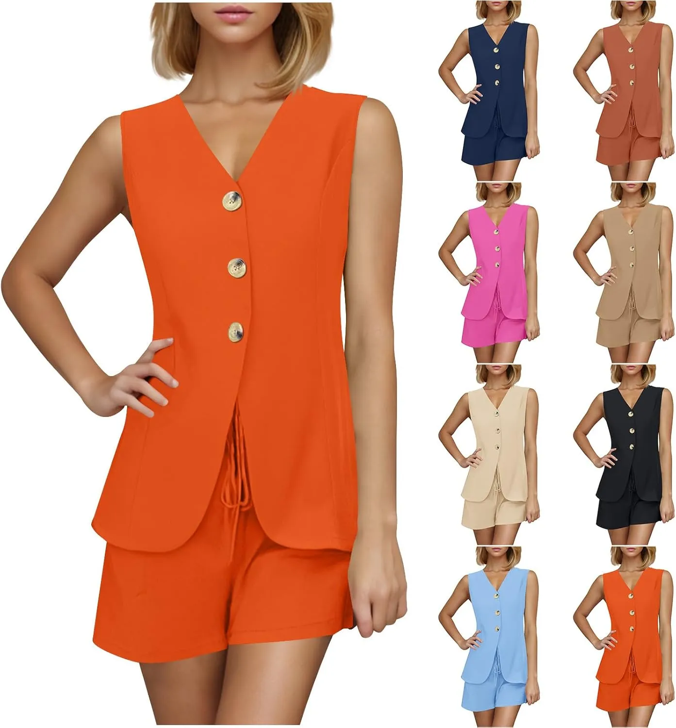 HGps8w Women's 2 Piece Outfits Dressy V Neck Blazer Vest Tank Tops Shorts Sets Matching Summer Office Work Suits