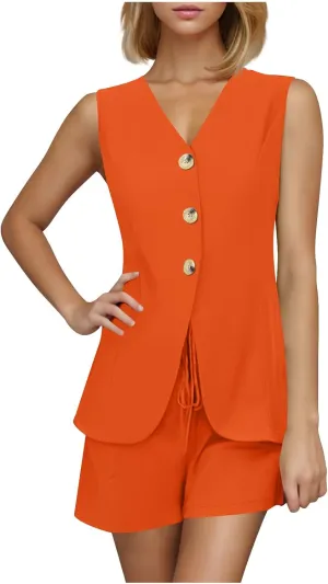 HGps8w Women's 2 Piece Outfits Dressy V Neck Blazer Vest Tank Tops Shorts Sets Matching Summer Office Work Suits