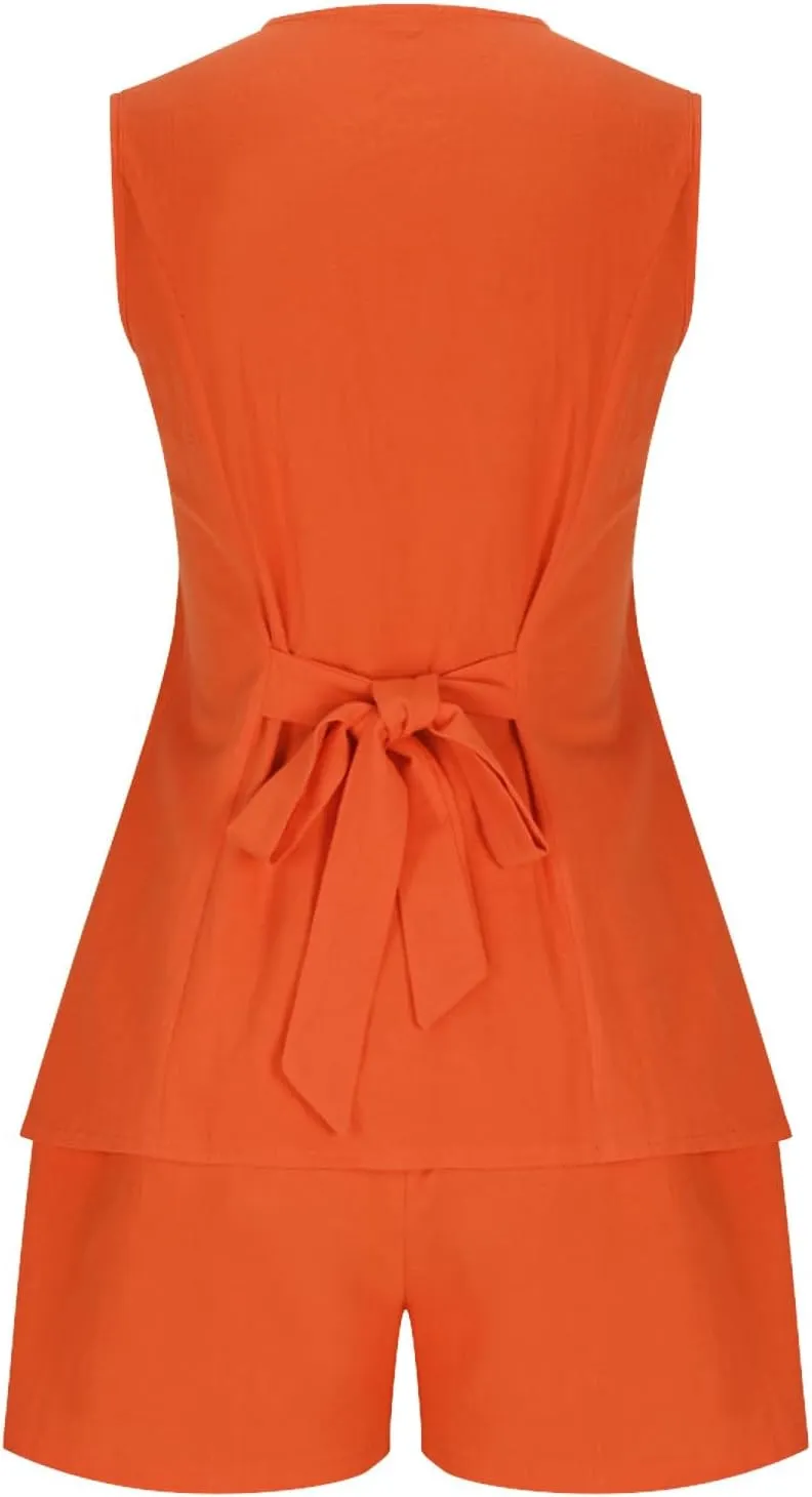 HGps8w Women's 2 Piece Outfits Dressy V Neck Blazer Vest Tank Tops Shorts Sets Matching Summer Office Work Suits