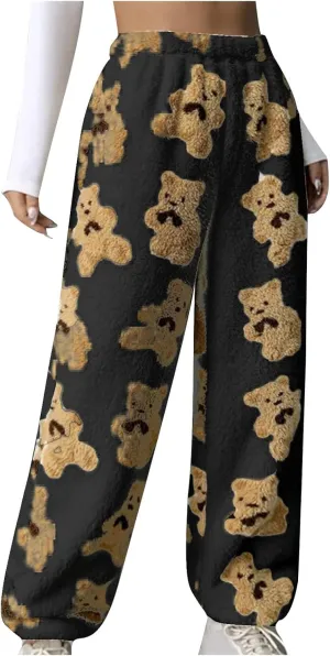 HGps8w Women's Cute Bear Plush Pajama Pants, Soft Fluffy Fleece Warm Pjs Bottoms Sleepwear Winter Comfy Fuzzy Lounge Pants