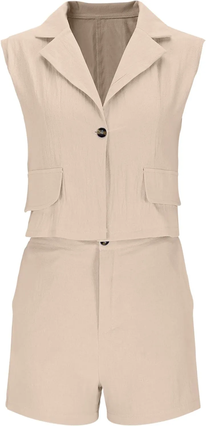 HGps8w Women's Linen 2 Piece Outfits Dressy Lapel Sleeveless Blazer Vest & High Waisted Shorts 2025 Summer Formal Office Sets