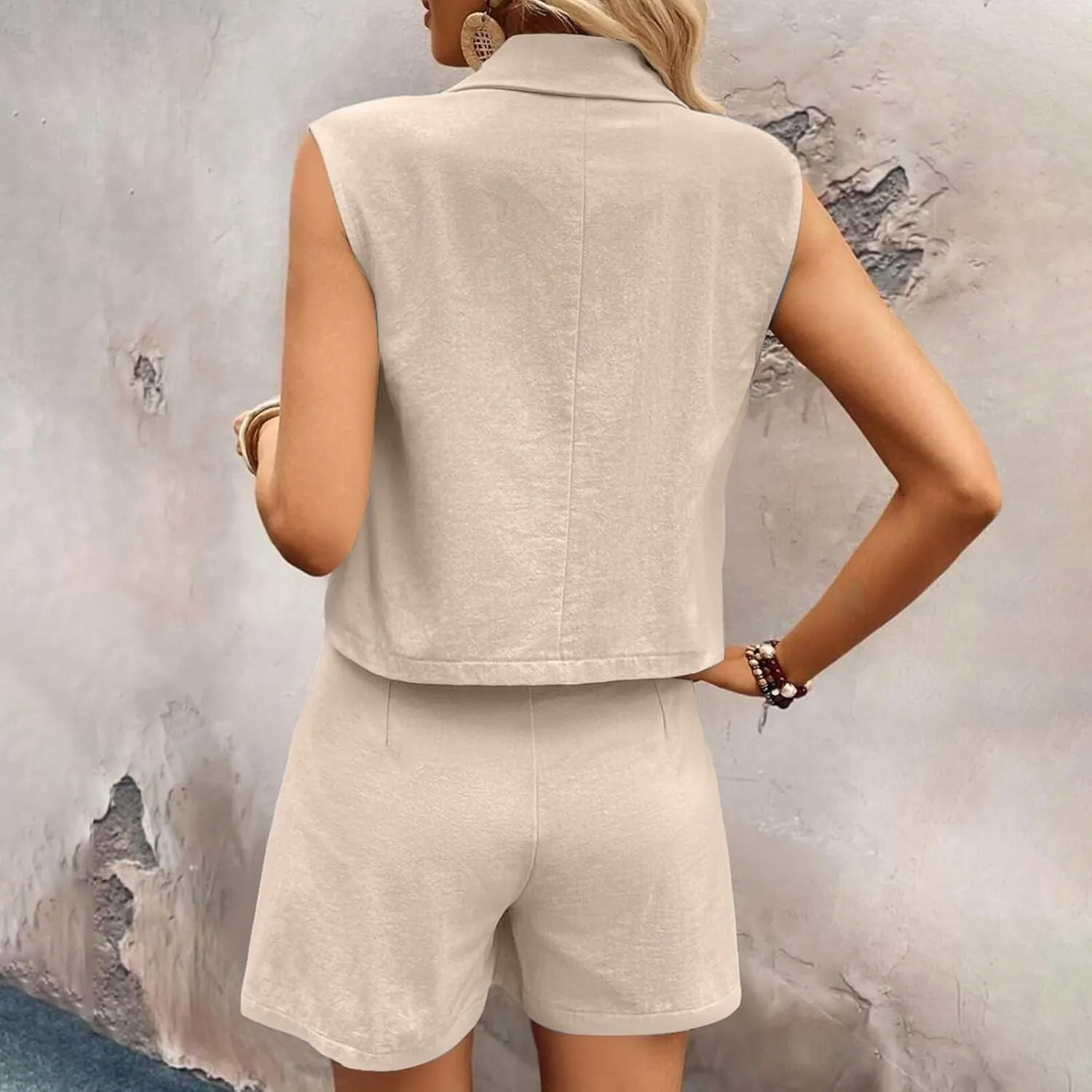HGps8w Women's Linen 2 Piece Outfits Dressy Lapel Sleeveless Blazer Vest & High Waisted Shorts 2025 Summer Formal Office Sets