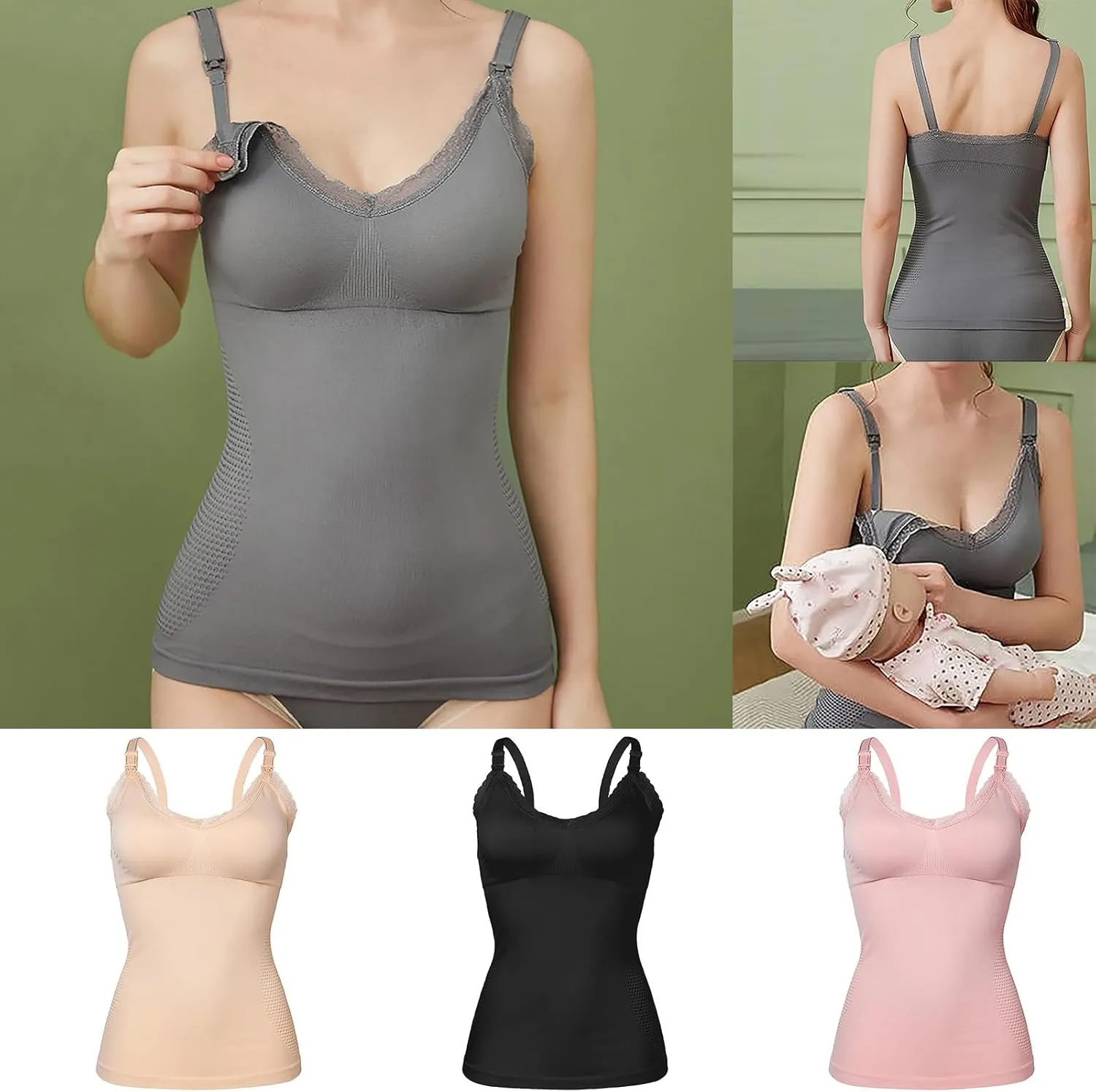 HGps8w Women's Maternity Nursing Tank Tops for Breastfeeding, Adjustable Spaghetti Straps Camisole Shapewear Built in Bra