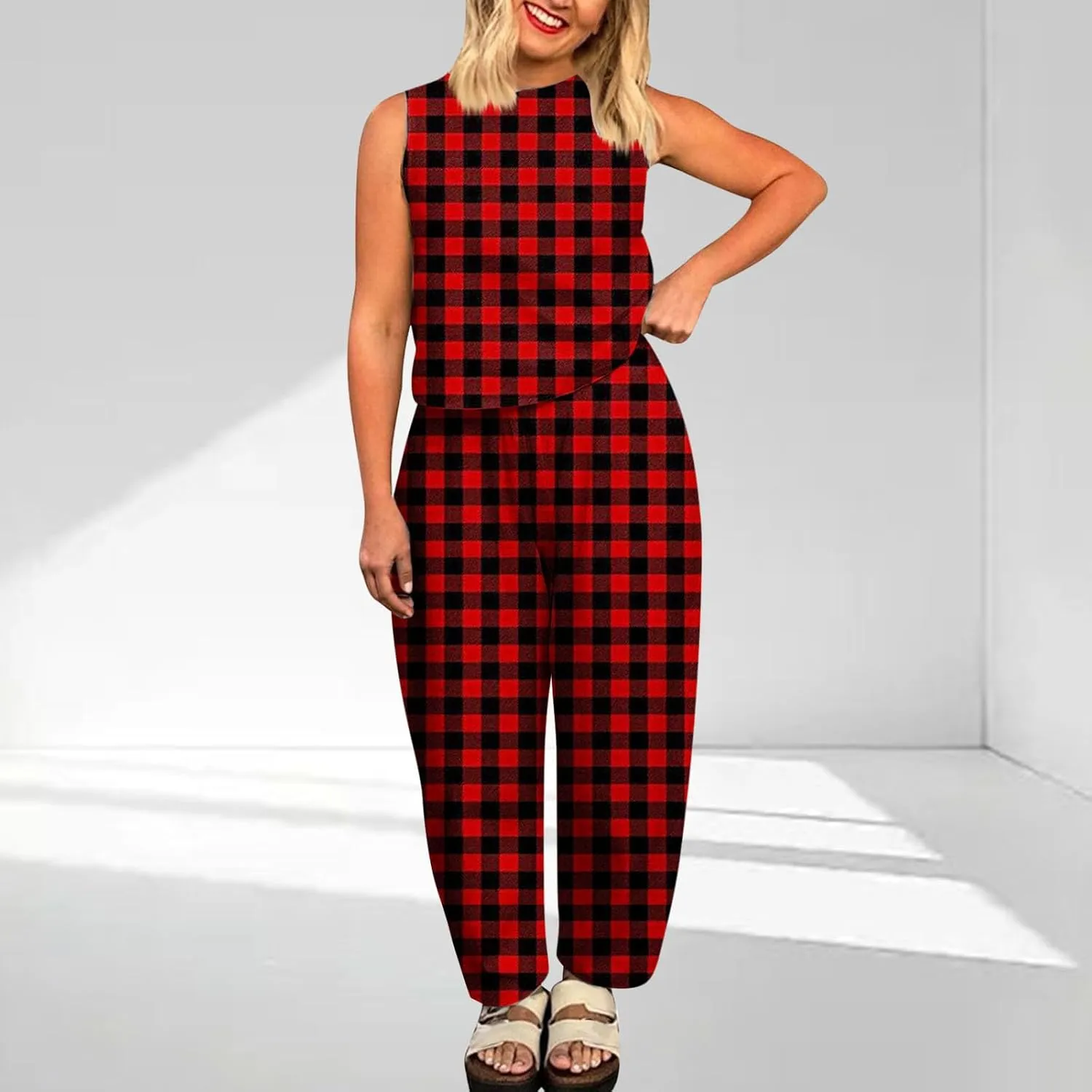 HGps8w Women's Summer 2 Piece Cotton Linen Sets Loose Plaid Crop Tank Top Matching Pants Lounge Travel Outfits