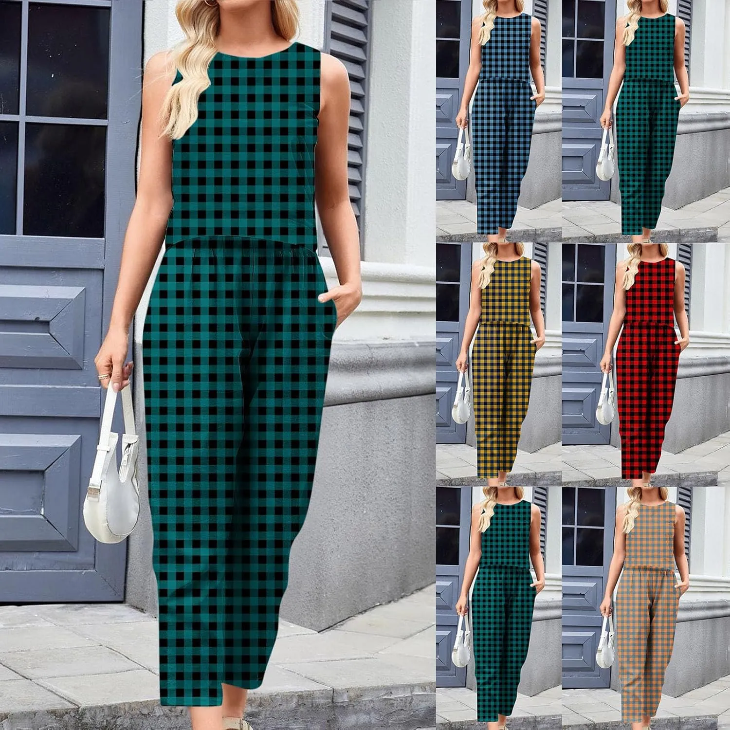 HGps8w Women's Summer 2 Piece Cotton Linen Sets Loose Plaid Crop Tank Top Matching Pants Lounge Travel Outfits