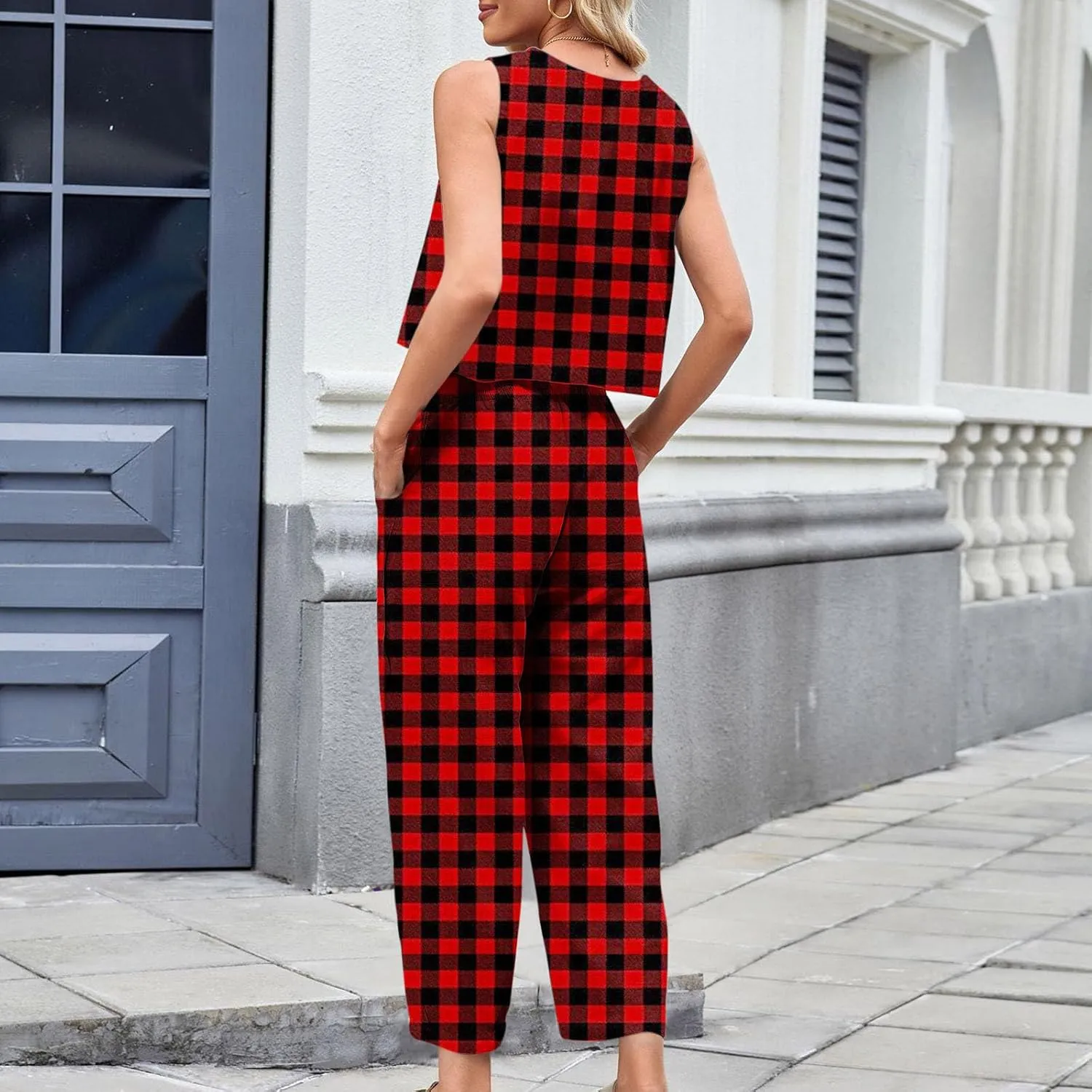HGps8w Women's Summer 2 Piece Cotton Linen Sets Loose Plaid Crop Tank Top Matching Pants Lounge Travel Outfits