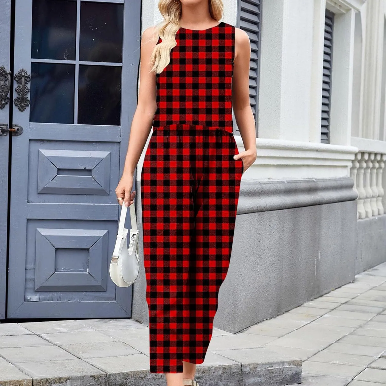 HGps8w Women's Summer 2 Piece Cotton Linen Sets Loose Plaid Crop Tank Top Matching Pants Lounge Travel Outfits