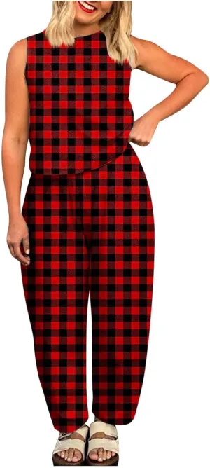 HGps8w Women's Summer 2 Piece Cotton Linen Sets Loose Plaid Crop Tank Top Matching Pants Lounge Travel Outfits
