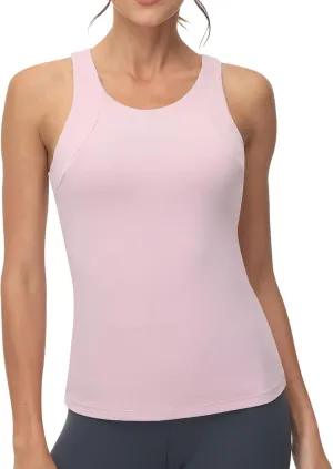 High Neck Workout Tank Tops Sports Bras for Women Full Coverage Tank with Built-in Shelf Bras Racerback Yoga Gym Shirt