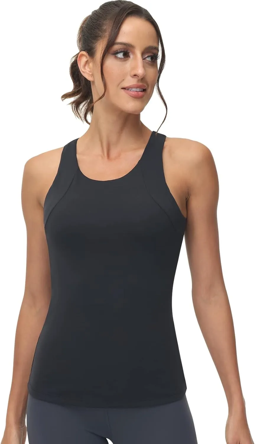 High Neck Workout Tank Tops Sports Bras for Women Full Coverage Tank with Built-in Shelf Bras Racerback Yoga Gym Shirt
