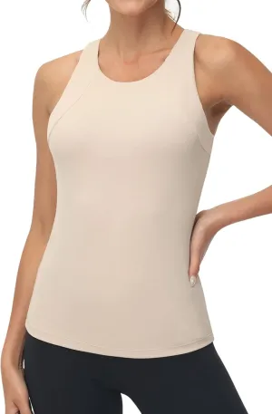 High Neck Workout Tank Tops Sports Bras for Women Full Coverage Tank with Built-in Shelf Bras Racerback Yoga Gym Shirt