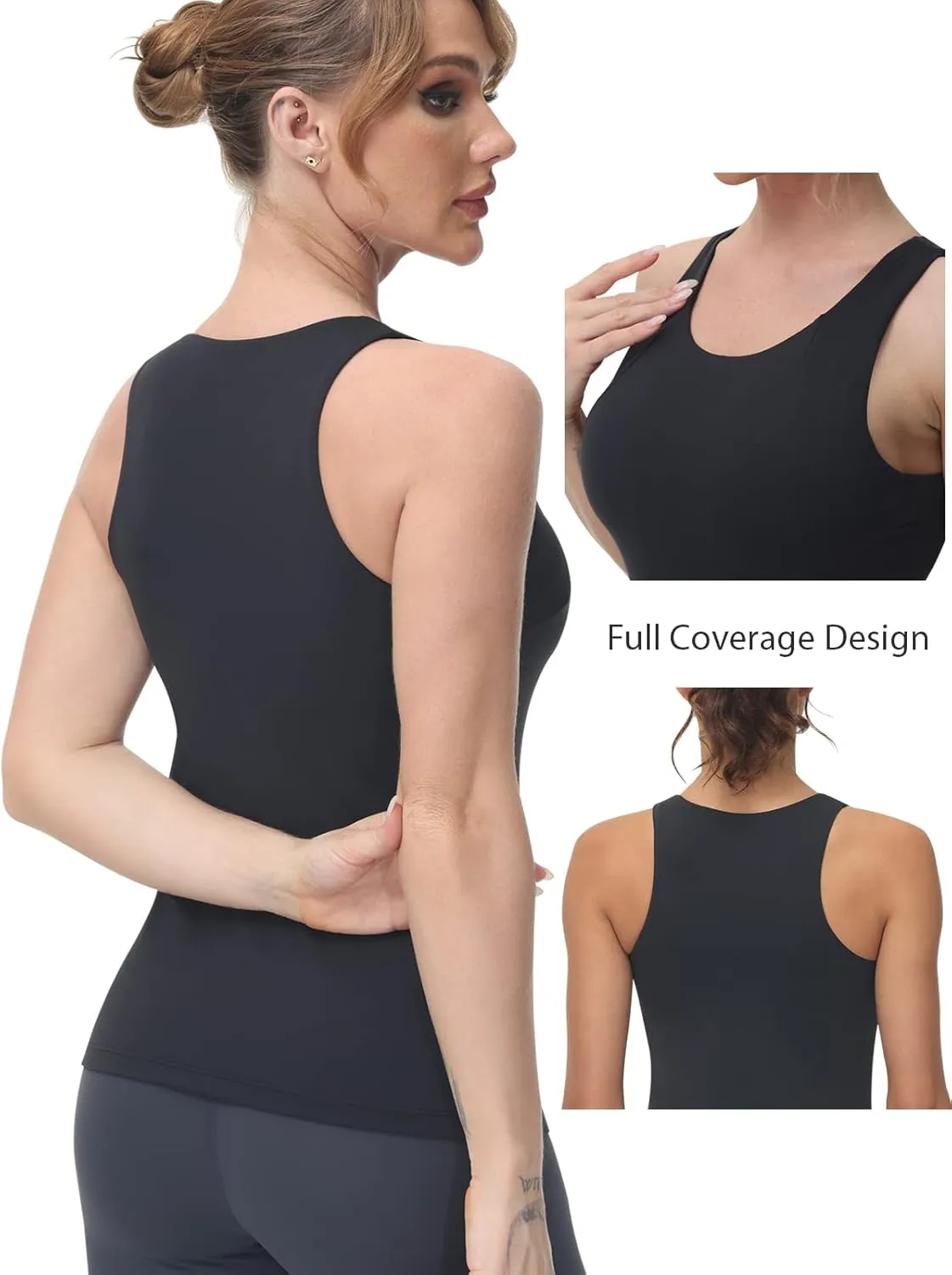 High Neck Workout Tank Tops Sports Bras for Women Full Coverage Tank with Built-in Shelf Bras Racerback Yoga Gym Shirt