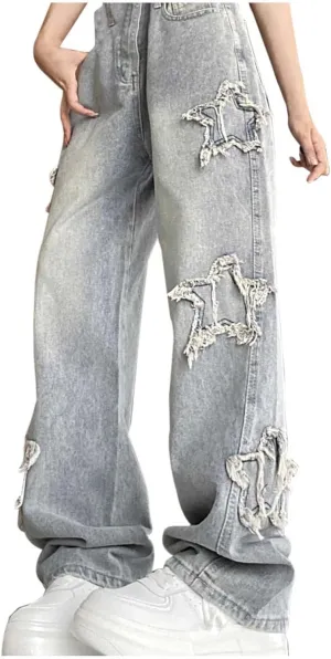 High Waisted Vintage Star Jeans for Women Chic Embroidered Straight Leg to Wide Leg Slim Fit high Rise Shorts