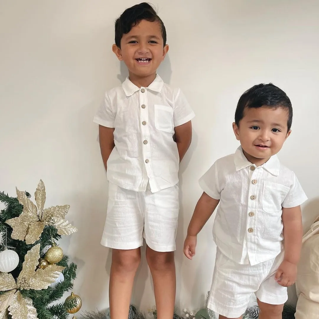 Hoanselay Baby Boy Cotton Linen Shorts Set Solid Color Short Sleeve Button Down T-Shirt Tops and Shorts Summer Outfit Clothes