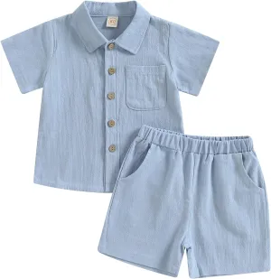 Hoanselay Baby Boy Cotton Linen Shorts Set Solid Color Short Sleeve Button Down T-Shirt Tops and Shorts Summer Outfit Clothes