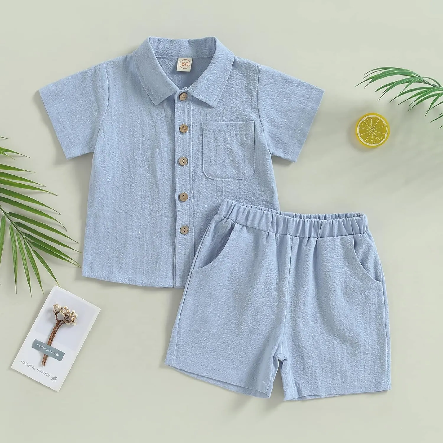 Hoanselay Baby Boy Cotton Linen Shorts Set Solid Color Short Sleeve Button Down T-Shirt Tops and Shorts Summer Outfit Clothes