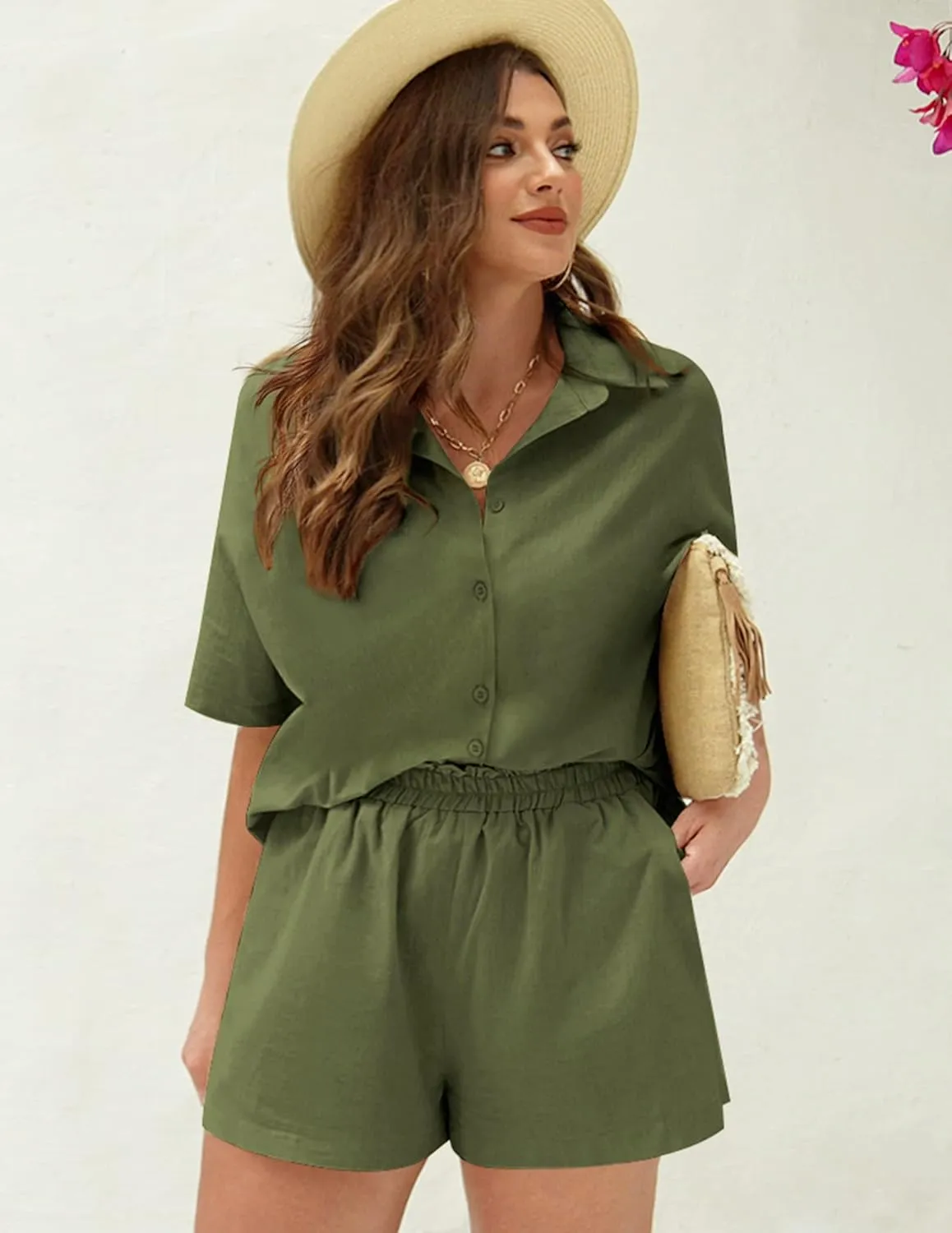 IN'VOLAND Women's Plus Size 2 Piece Tracksuit Outfits Sets Cotton Linen Sets Short Sleeve Shirt Summer Casual Shorts Set